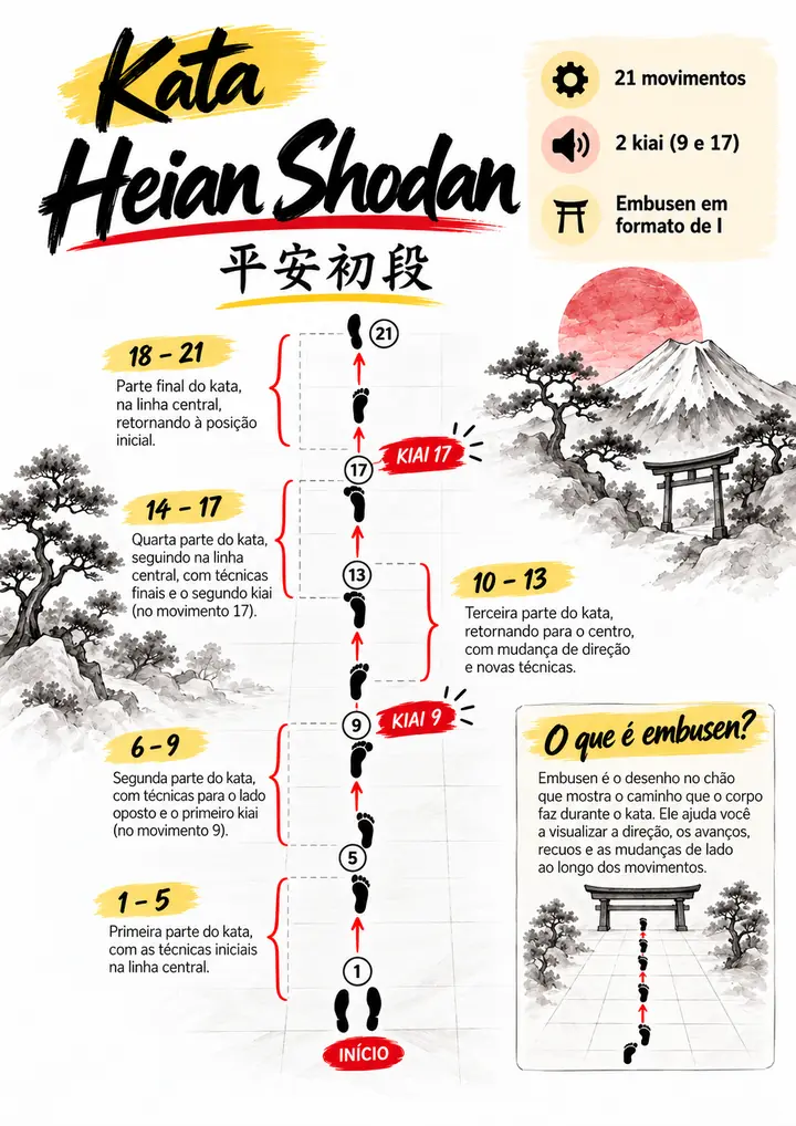 Página do kit: embusen do Heian Shodan, com início, kiai 9 e kiai 17 marcados