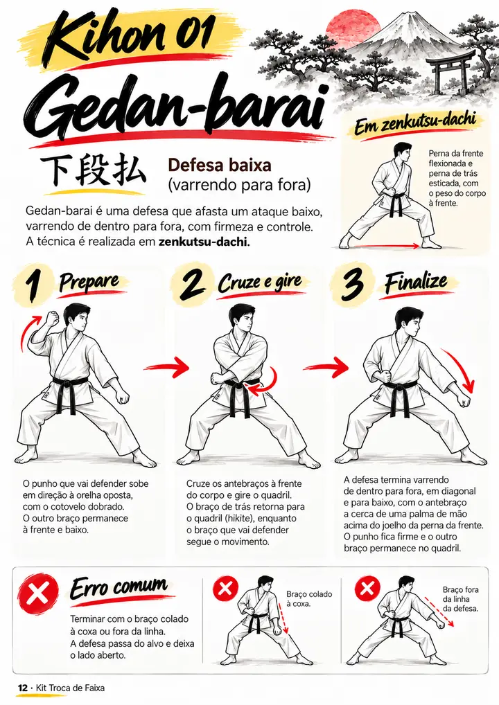 Página do kit: ficha de kihon do Gedan-barai, com preparar, cruzar e girar, finalizar e erro comum