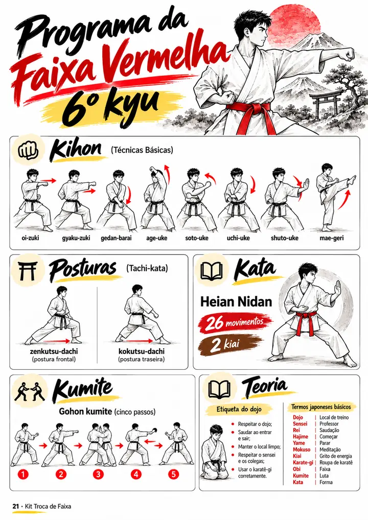 Página do kit: programa da faixa vermelha, 6º kyu, com kihon, posturas, kata, kumite e teoria