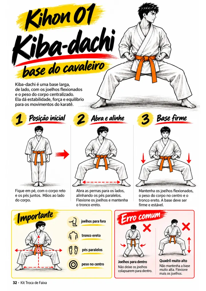 Página do kit: ficha do Kiba-dachi, base do cavaleiro, da faixa laranja