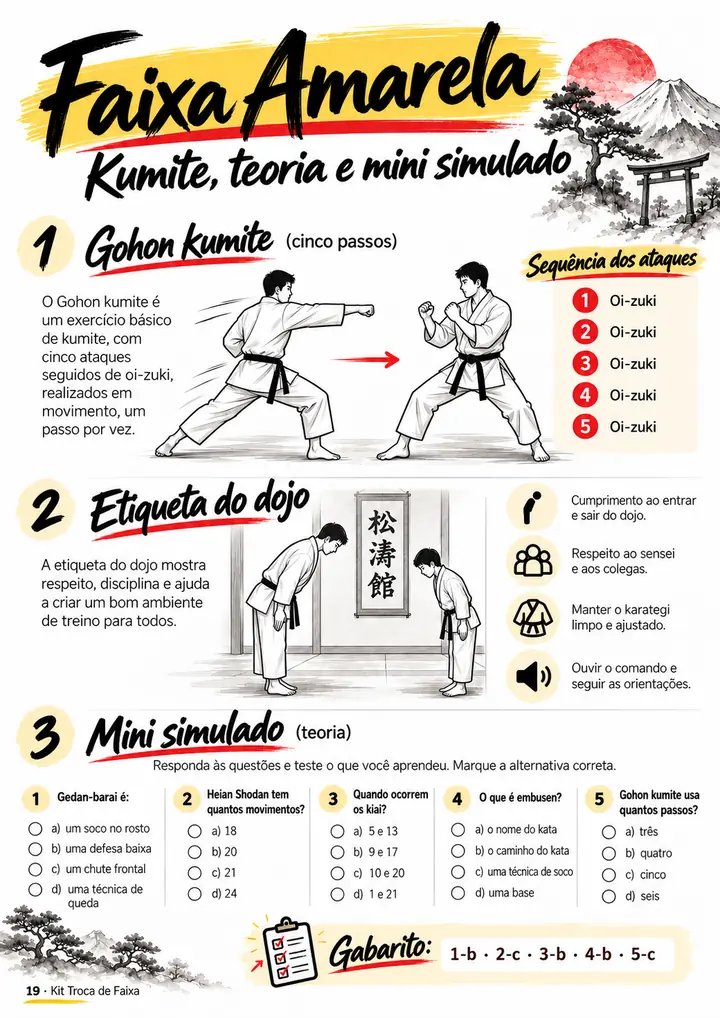 Página do kit: gohon kumite, etiqueta do dojo e mini simulado com gabarito da faixa amarela