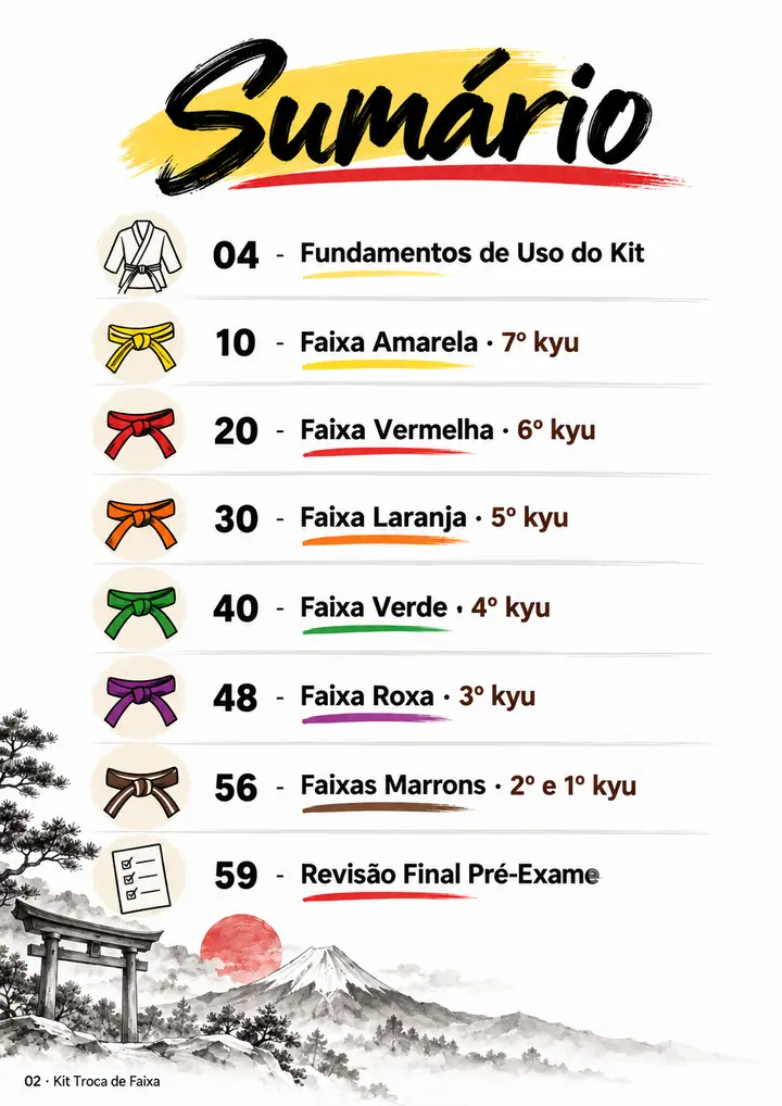 Página do kit: sumário com todas as faixas, da amarela à marrom