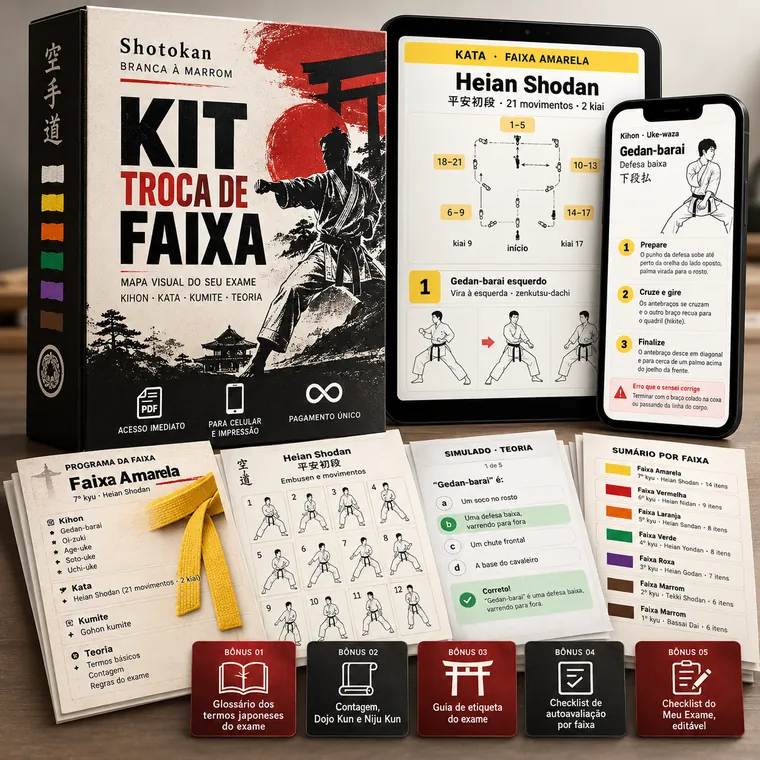 Kit Troca de Faixa do Karatê Shotokan: ficha de kata do Heian Shodan no tablet, ficha de kihon do Gedan-barai no celular, programa da faixa, simulado, sumário por faixa e os 5 bônus