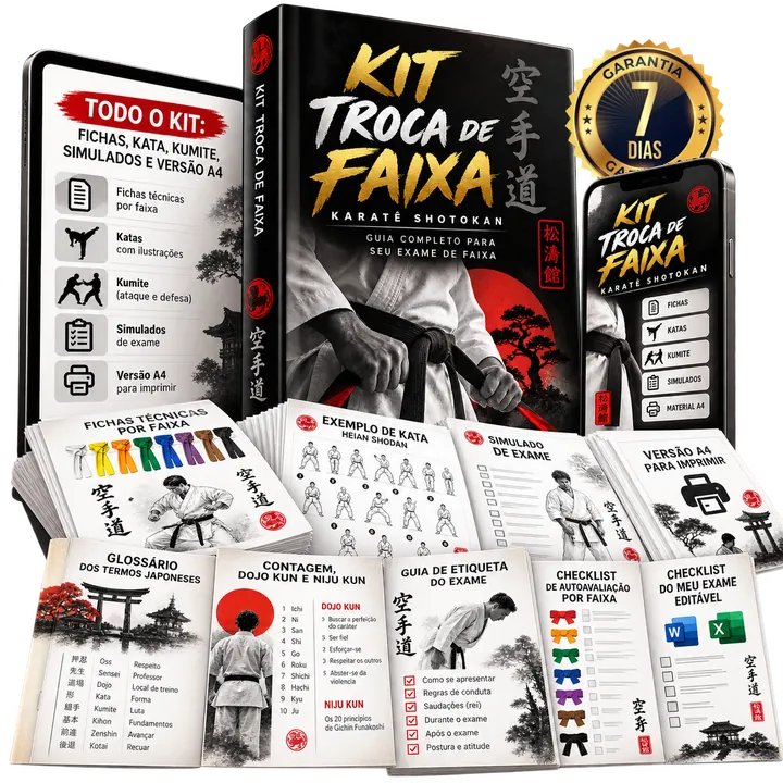 Kit Troca de Faixa do Karatê Shotokan: fichas técnicas por faixa, kata com ilustrações, kumite, simulados, versão A4 e os 5 bônus
